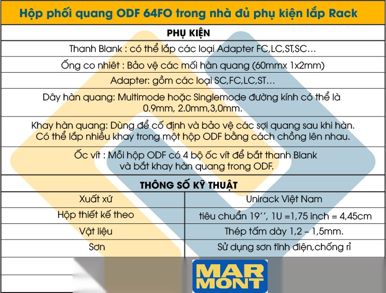 Marmont-Thông số Hộp phối quang ODF 64FO/ 64 Core (64 sợi) trong nhà